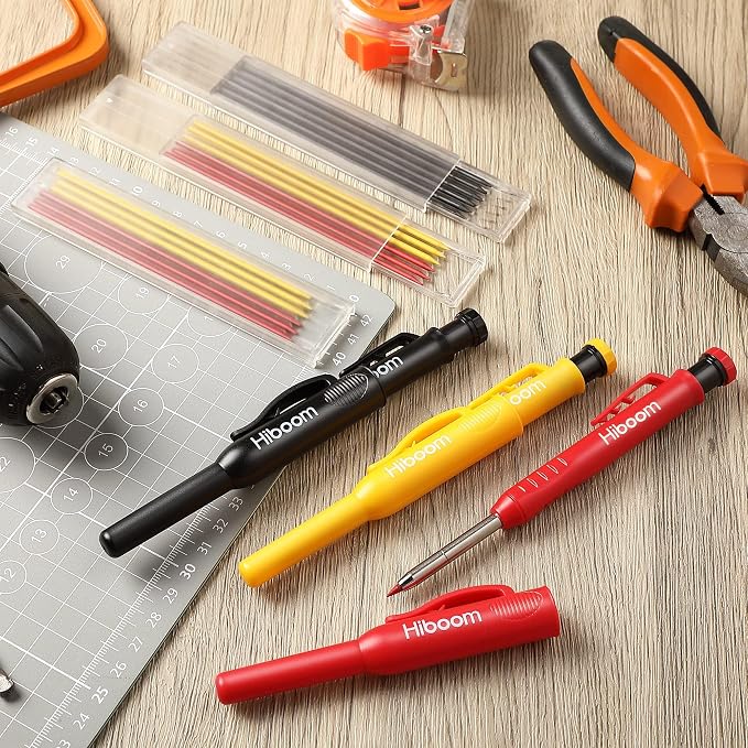 Hiboom 3 Pack Solid Carpenter Pencils with Pencil Cap and 21 Refills | Built-In Sharpener, Long Nose Deep Hole Marking, Protective Belt Caps, Mechanical Construction Pencil, Woodworking Tools