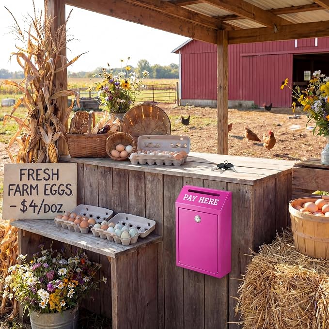 Yaocom Safe Metal Cash Box for Farm Stand – Money Drop and Secure Donation Collection, Wall Mount Lockable Unit with Pre Drilled Holes for Outdoor Self Serve(Rose Red,10.2 x 5.7 x 2.8 Inch)