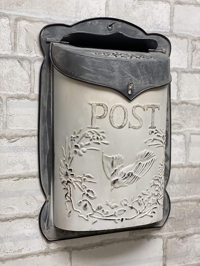 Vintage Farmhouse Decorative Post Box – Rustic Wall Mounted Mailbox Decor for Home, Porch & Garden, Hanging Floral Display Holder, Country Style Metal Wall Accent (White Bird Design)