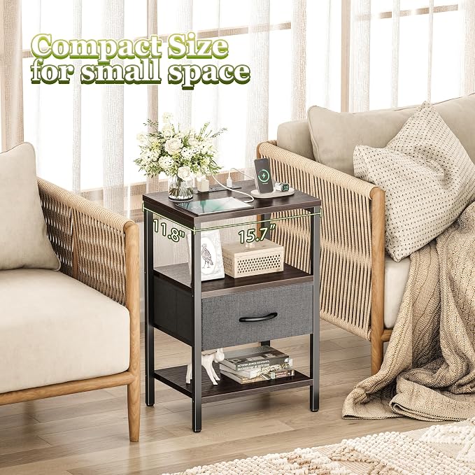 SUPERJARE Nightstand with Charging Station, USB-C Port, Bedside Table | Night Stand for Bedroom, with Adjustable Fabric Drawer, 3-Tier Storage End Table, for Living Room, Walnut