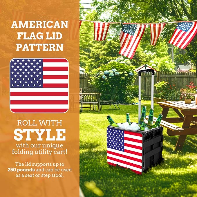 Collapsible Ultra-Slim Pack-N-Roll,2 Wheel Utility Cart w/Lid Used as Seat up to 250 Lbs, Telescopic Handle, Super Strong, for Home,Garden,Shopping,Office,School, Large, American Flag