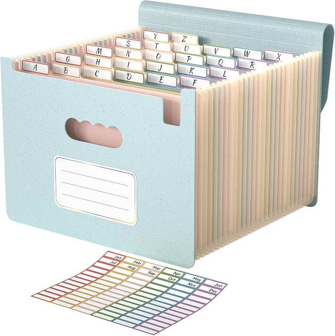 ABC life 26 Pockets Accordion File Organizer, Dusty Blue | Expanding File Folder for Letter/A4 Size, Portable Document Holder with A-Z Tabs for Tax Receipt, School, Home, Office