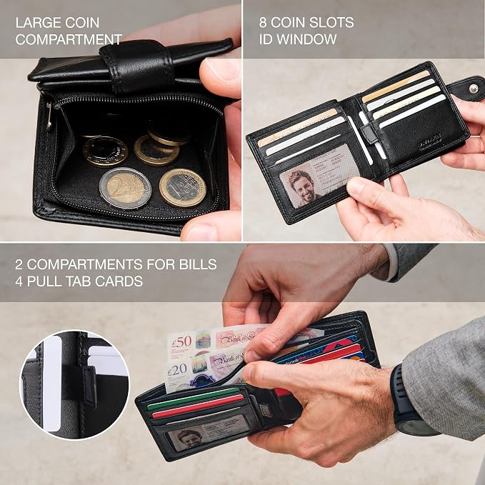 Soft Leather Wallet for Men, Genuine Bifold with Zipper Coin Pocket | Holds Bills, Credit Cards, Coins – RFID Blocking – Stylish, Durable & Practical Leather Wallet for Men