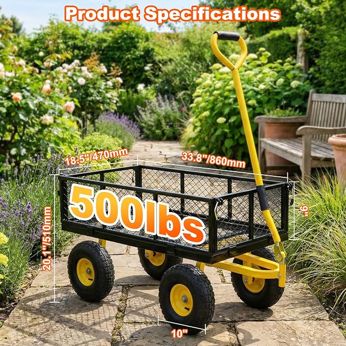 500lbs Heavy Duty Garden Cart, Steel Garden Wagon Cart with Fixedable Rotating Handle for Backyard, Utility Yard Wagon with 10" All Terrain Tires, Mesh Removable Sides