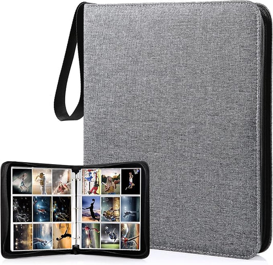 WOT I Trading Card Binder, 900 Pockets Collection Card Binder Sleeves with Polyester Fabric Cover&Zipper, Double Sided Pockets Card Holder Carry Card Case for Standard Size Cards - Grey