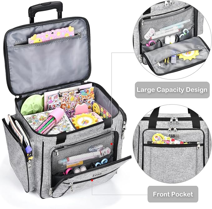 CAB55 Rolling Craft Bag, Tote Bag with Wheels for Women, Rolling Teacher Bag with Removable Folding Hand Truck (Grey)