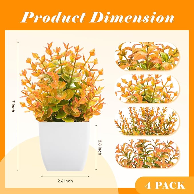 Der Rose 4 Pack Fall Fake Plants Mini Artificial Greenery Potted Plants Fall Decorations for Home Decor Indoor Office Table Room Farmhouse Bathroom Fall Decor