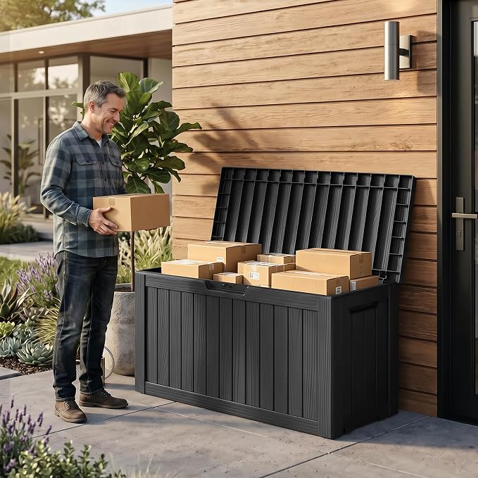 90 Gallon Outdoor Package Delivery Box with Lockable, Waterproof & Weatherproof Secure Parcel Drop Box for Porch, Resin Outside Storage Boxes Black