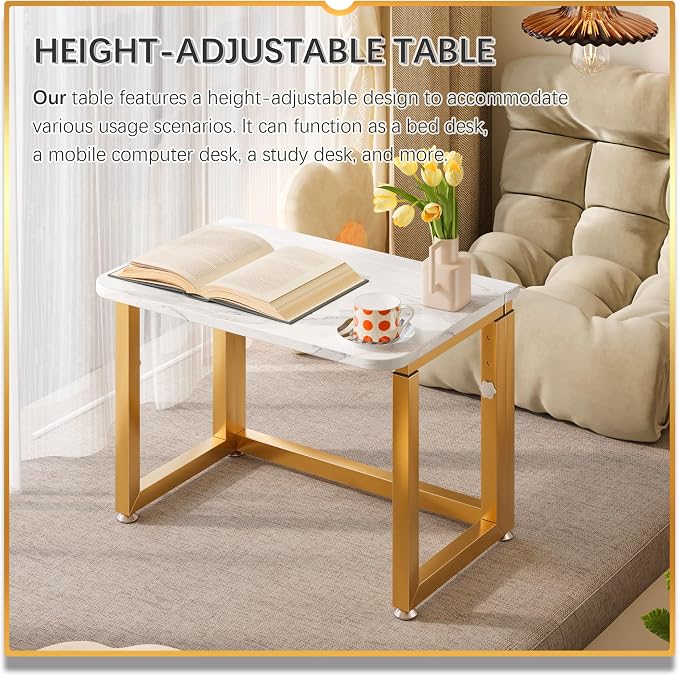 4NM No Tool Assembly 23.6" Small Desk, Folding Portable Desk with Wheels, Adjustable Height Foldable Computer Home Office Desks, Collapsible Study Writing Table for Space Saving Bedroom - White Gold