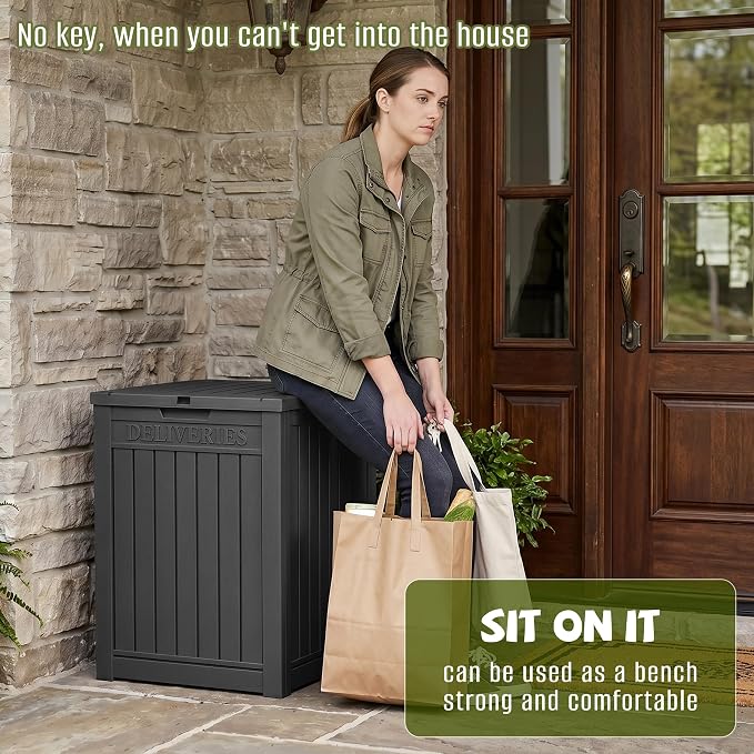 55 Gallon Outdoor Package Delivery Box Waterproof with Lockable, Weatherproof Secure Parcel Drop Box for Porch, Resin Outside Storage Boxes Black