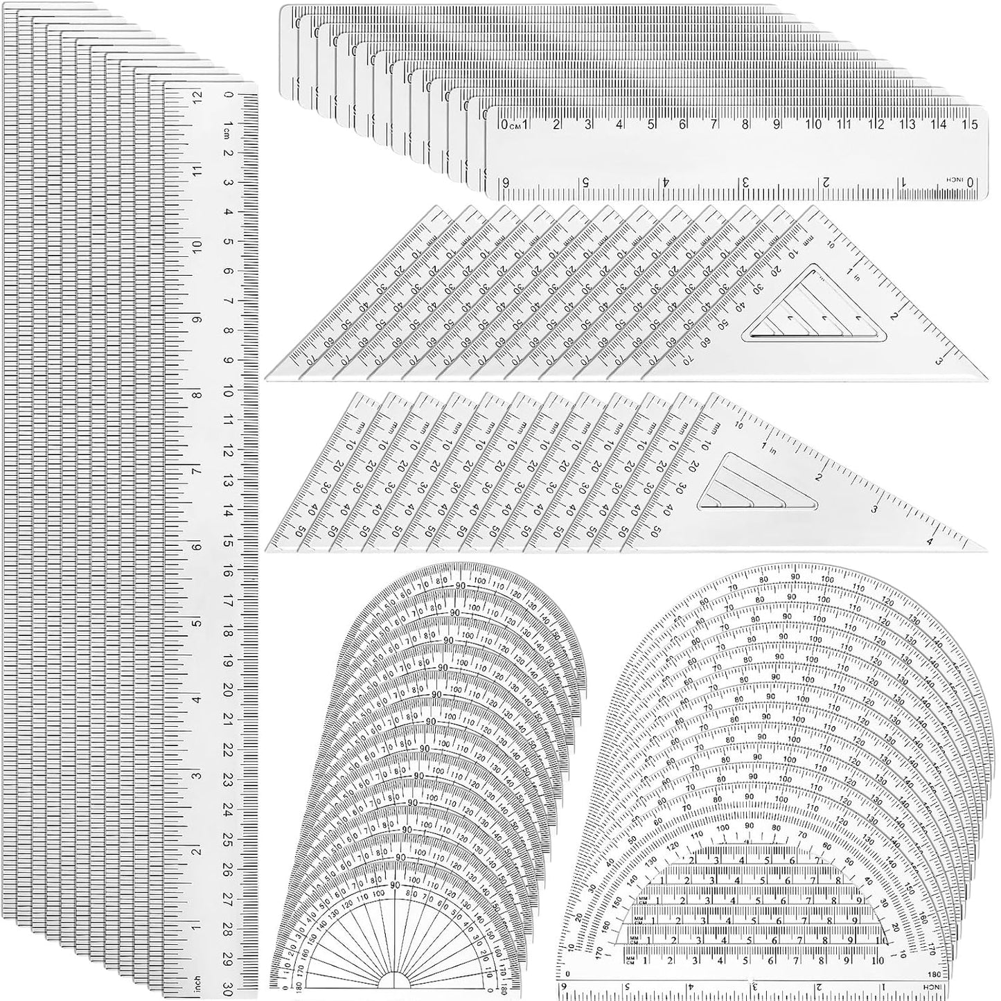Tenare 72 Pcs Plastic Clear Math Set Includes Protractor Triangle Rulers 12 Inch 6 Inch Straight Geometry Math Transparent Ruler Measuring Tool for School Office Home Supplies