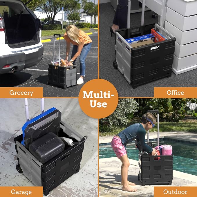Ultra-Slim Rolling Collapsible Storage Pack-N-Roll Utility-carts, with Telescopic Handle, for Home, Garden, Shopping, Office, School use, Medium, Grey & Black