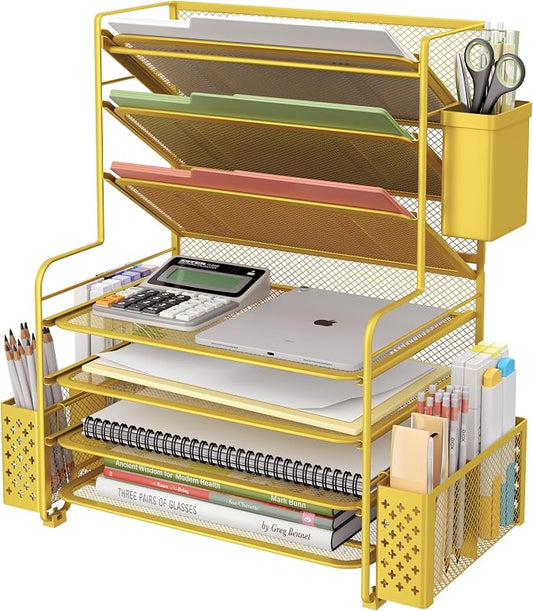 Simple Trending 7 Tier Desk File Organizer, Letter Tray Paper Organizer with Pen Holder and Metal Hanging Basket, Gold