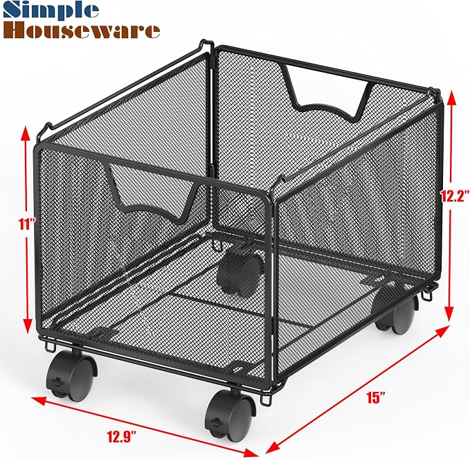 Simple Houseware Stackable Mesh Hanging Rolling File Cart, Black | File Folder Organizer with Lockable Wheels