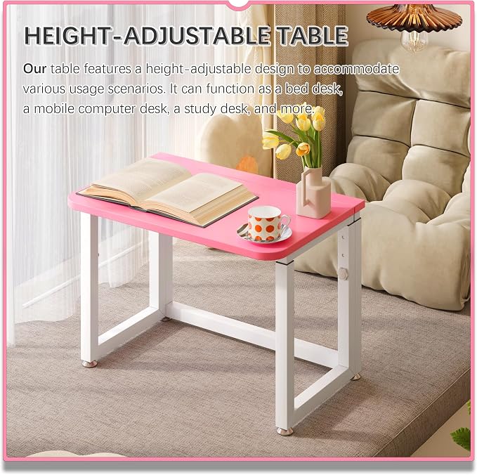 4NM No Tool Assembly 23.6" Small Desk, Folding Portable Desk with Wheels, Adjustable Height Foldable Computer Home Office Desks, Collapsible Study Writing Table for Space Saving Bedroom - Pink White