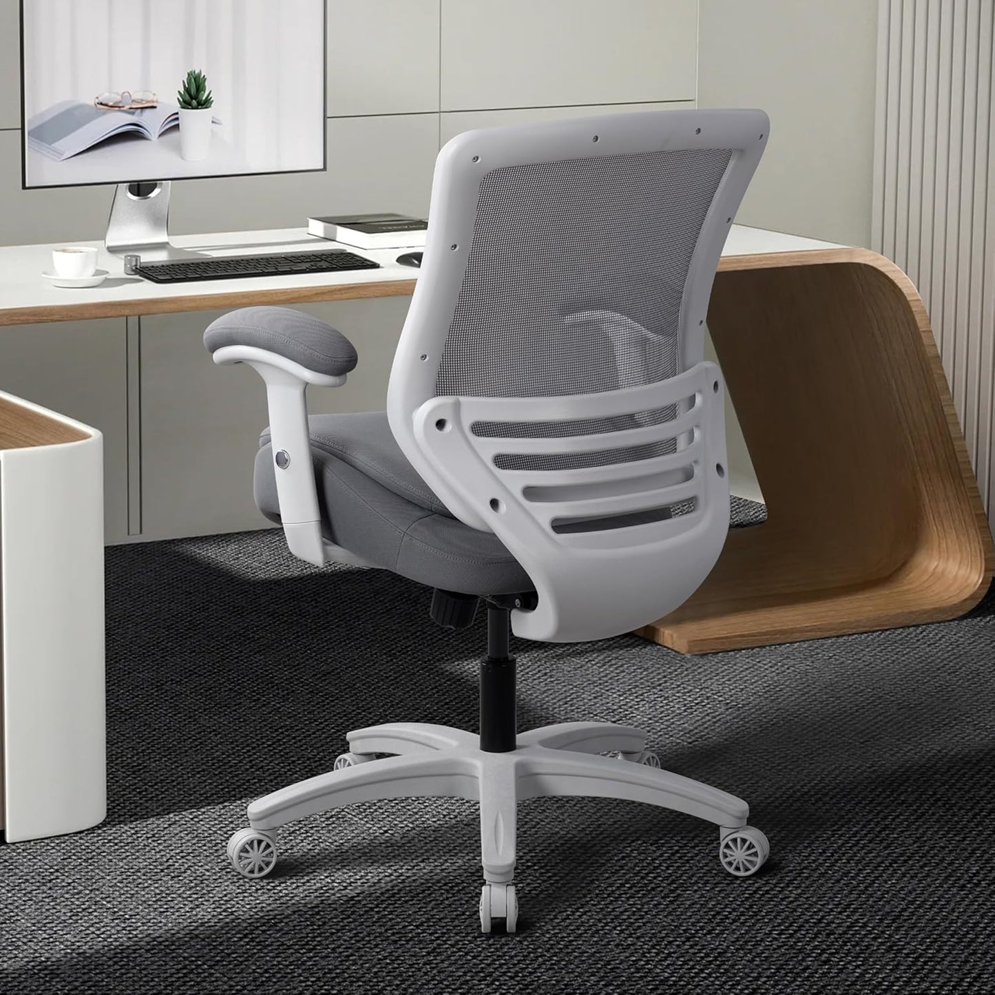 400lbs Double Seat Cushion Office Chair Soft Armrests Executive Ergonomic Computer Desk Chair with Lumbar Support (Grey Frame Grey Fabric)