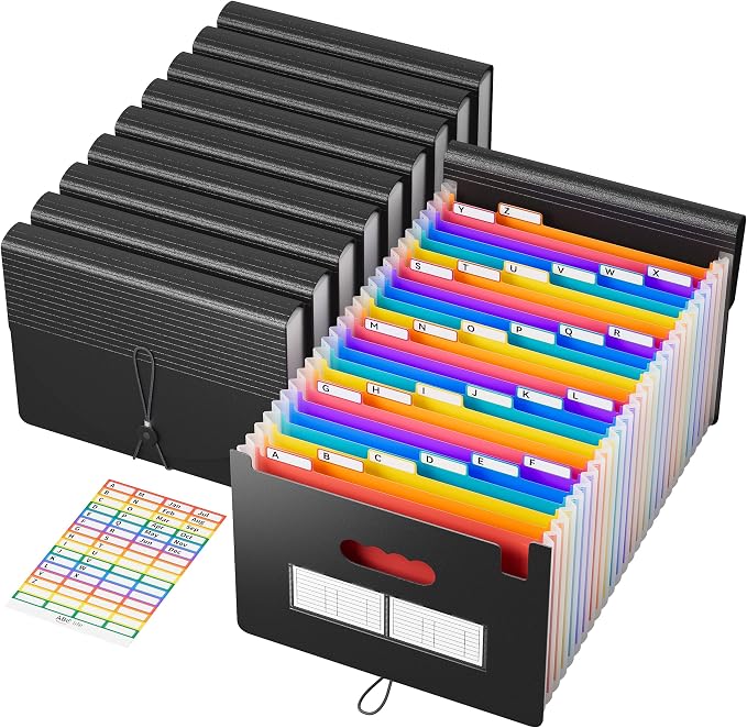 ABC life 10 Pack, 26 Pockets Accordion File Organizer, Black | Monthly Bill Receipt Documents Organizer, A-Z Colorful Tabs, Letter/A4 Size for Classroom Office Organization Home Hospital