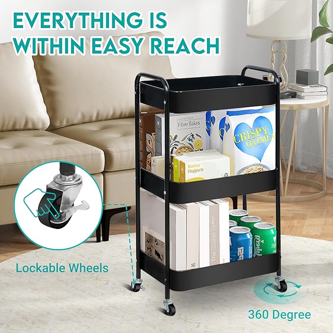 ZOES HOMEWARE 3 Tier Metal Rolling Cart on Wheels,Heavy Duty Utility Cart | Sturdy 3 Tiered Rolling Storage Cart With Hooks, Great For Craft, Art Workspace, Kitchen ,Snack And Office Storage, Black