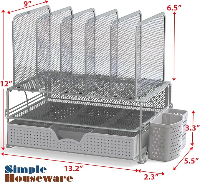 Simple Houseware Desk File Organizer for Office Supplies w/Drawer, Silver | Double Tray, Pencil Holder, and 5 Upright Sections with Sliding Drawer