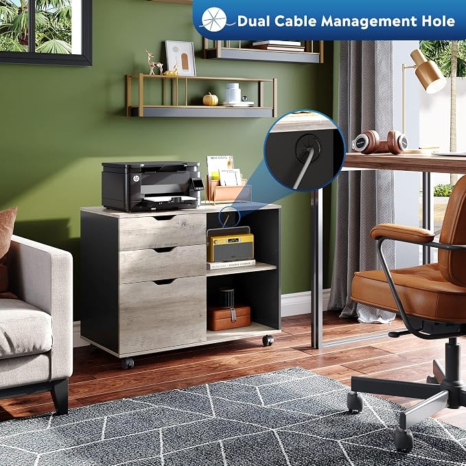 DEVAISE 3-Drawer Wood File Cabinet, Mobile Lateral Filing Cabinet, Printer Stand with Open Storage Shelves for Home Office, Greige | Mobile Printer Stand, Open Storage Shelves, Letter & A4 Compatible, Wood, Home Office
