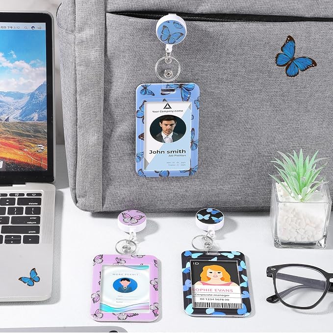 3 Set Butterfly Badge Holder with Retractable Reel, Retractable ID Badge Holders with Clip Name Key Card Holder Case for Nurse Doctor Teacher Office School
