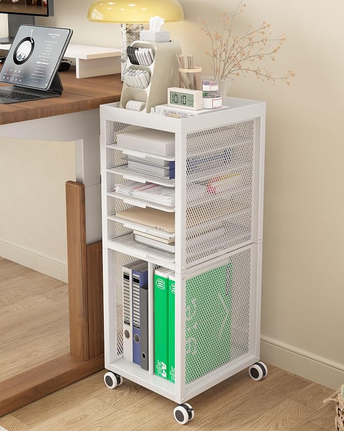 Rolling File Cart with 4 Dividers, Mobile File Cabinet with Wheels | Hanging File Folder Organizer, Under Desk Storage, Printer Stand Utility Cart Filing Cabinet for Home Office（White）