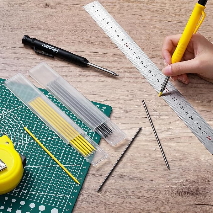 Hiboom 2 Pack Mechanical Deep Hole Carpenter Pencil, 14 Refills | Deep Hole Marker, Long Reach Tip, Built-in Sharpener, Wood, Metal, Concrete, Construction, Woodworking, Architect