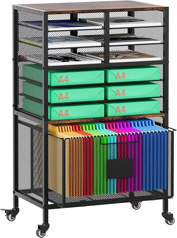 EasyPAG Rolling Cart with Storage Drawer, Under Desk Filling Cabinet with Mail Sorter, Pull Out Hanging File Rack for Letter Size Folders, Mobile Utility Craft Cart for Home Office, Black