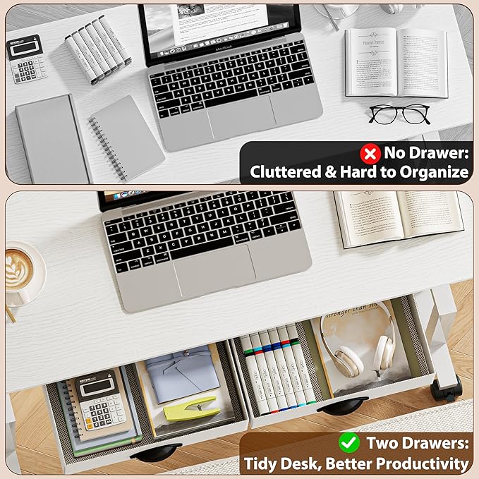 Height Adjustable Standing Desk with 2 Drawers, Small Sit Stand Up Desk with Wheels, Portable Rolling Desk for Walking Pad Treadmill, Computer Office, Adjustable 31.5"-43.3", White, Upgraded Stable