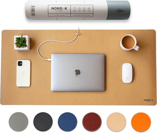 Nordik Leather Desk Mat Cable Organizer - Champagne Beige 35 X 17 inch - Premium Extended Mouse Mat for Home Office Accessories - Non-Slip Vegan Leather Desk Pad Protector & Desk Blotter Pad