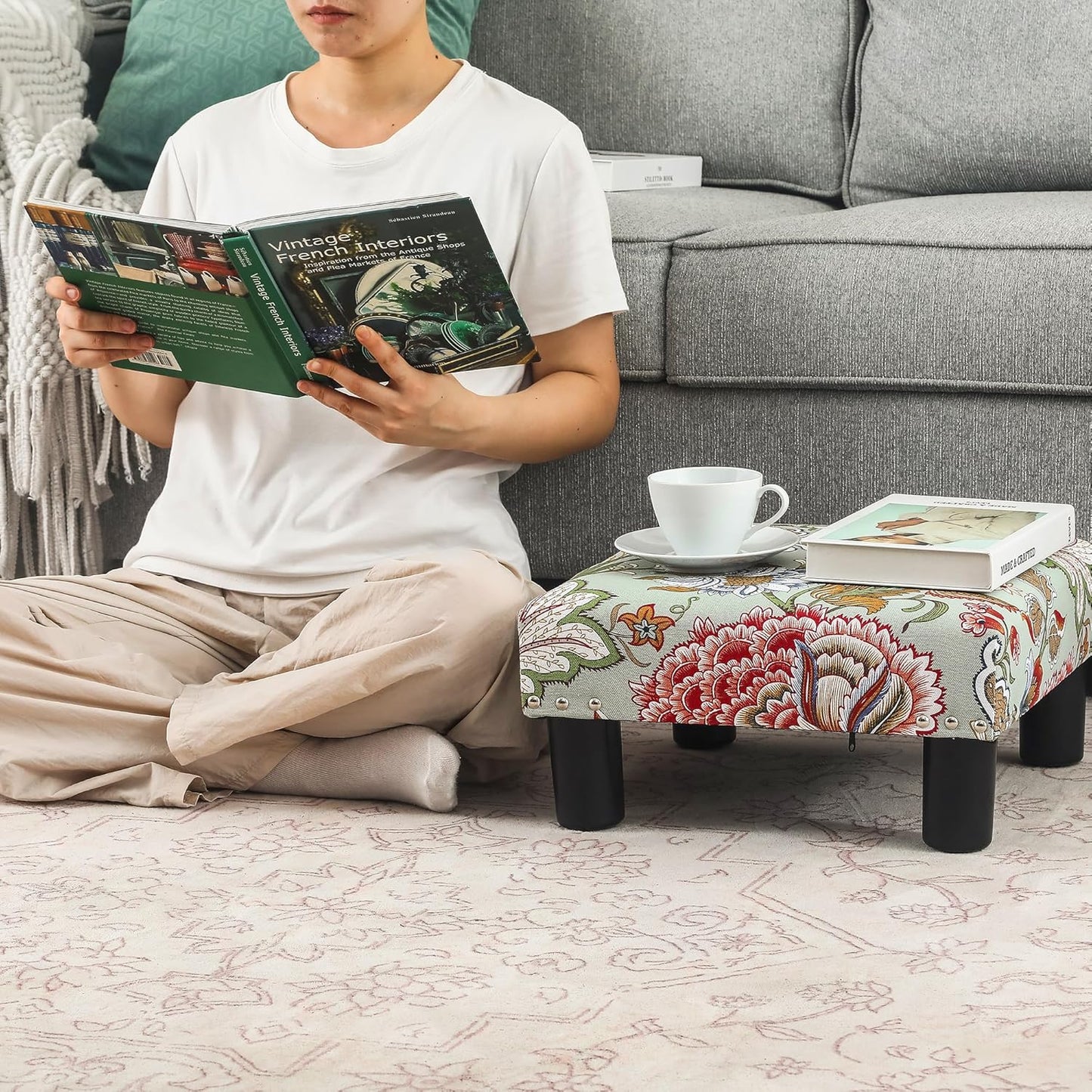 Joveco Small Foot Rest Stool Ottoman, 15" Fabric Square Footstool Upholstered Footrest for Chair, Under Desk, Office, Living Room, Boho Floral