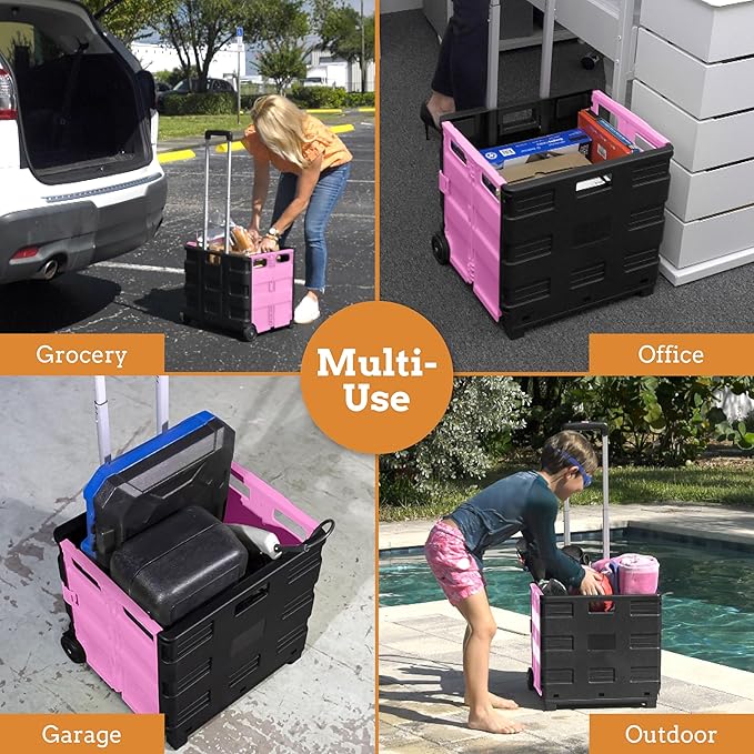 Ultra-Slim Rolling Collapsible Storage Pack-N-Roll Utility-carts, with Telescopic Handle, for Home, Garden, Shopping, Office, School use, Medium, Pink & Black