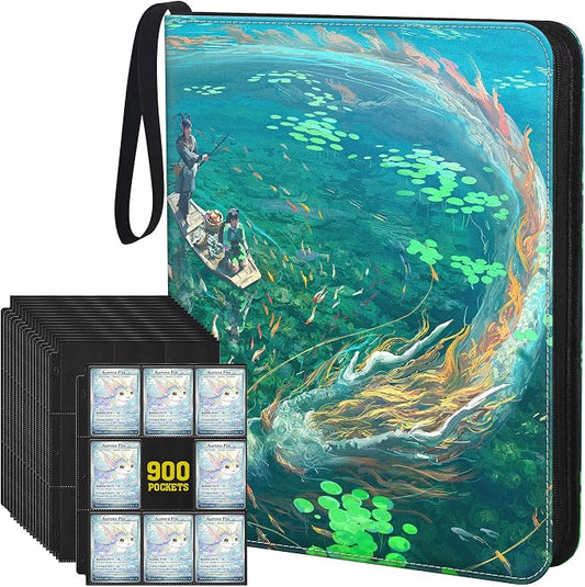 Trading Card Binder, 3-Ring Zippered for Standard 2.5"x3.5" TCG and Sports Cards, 9-Pocket Double-Sided Pages, 50 Sheets/900 Pockets, Acid-Free PVC-Free, PU Cover, Wrist Strap - Lake Art Design