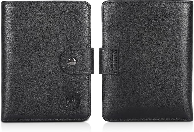 Polare Luxury RFID Blocking Leather Passport Holder Travel Wallet For Men and Women (Black with AirTag Slot(Snap Version))