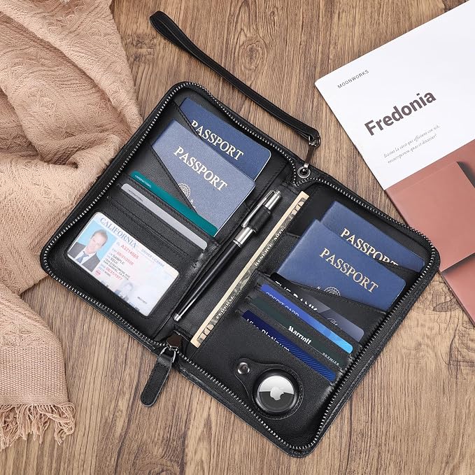 Polare Napa Leather Passport Holder Cover Case for Men and Women RFID Blocking Family Travel Wallet Holds 6 Passports (Black with AirTag Slot)