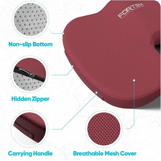 FORTEM Seat Cushion, Office Chair Cushion, Memory Foam Car Seat Cushions, Sciatica Coccyx Tailbone Pain Relief, Chair Cushions for Back Support, Sitting Pad for Gaming, Washable Cover, Non Slip