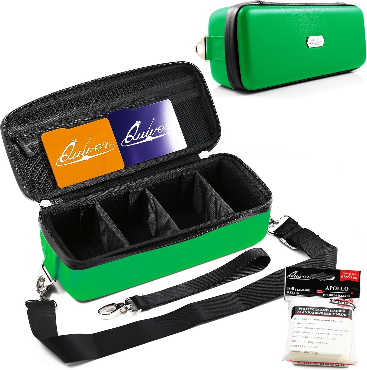 Quiver Time Green Bolt Card Carrying Case fits Pokemon Cards and other TCG Games - Storage Bag for Playing/Trading Cards and Deck Box (Straps, Dividers & 100 Apollo Card Sleeves)