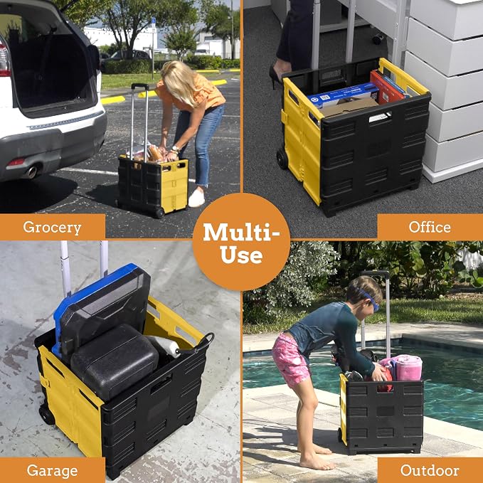 Ultra-Slim Rolling Collapsible Storage Pack-N-Roll Utility-carts, with Telescopic Handle, for Home, Garden, Shopping, Office, School use, Medium, Yellow & Black