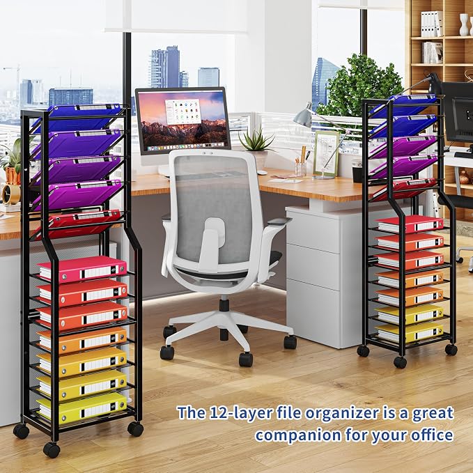 Simple Trending 12 Tier Rolling File Cart, Desk File Organizer with Sliding Trays and Metal Mesh Paper Letter Storage Multi Functional Rolling Clutter Cart for Office, Home, School, Black