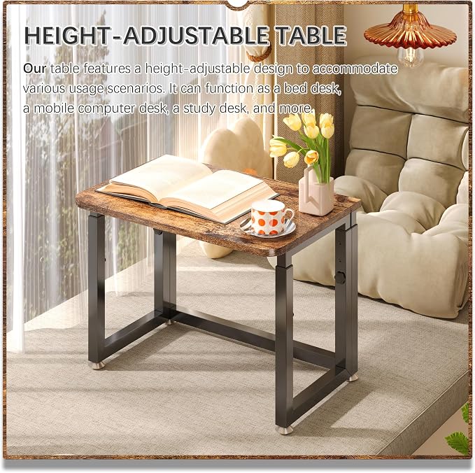 4NM No Tool Assembly 23.6" Small Desk, Folding Portable Desk with Wheels, Adjustable Height Foldable Computer Home Office Desks, Collapsible Study Writing Table for Space Saving Bedroom - Rustic Brown