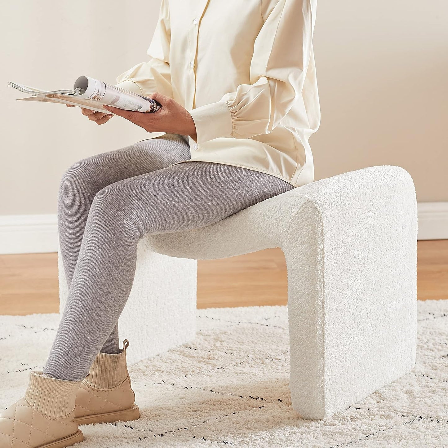 Modern Boucle Ottoman, Vanity Stool Chair, Foot Stool with Wooden Legs Sofa Bench Footstool Extra Seat for Vanity, Makeup Room, Living Room, Entryway, Set 2, White