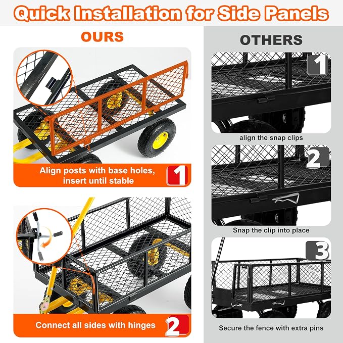 500lbs Heavy Duty Garden Cart, Steel Garden Wagon Cart with Fixedable Rotating Handle for Backyard, Utility Yard Wagon with 10" All Terrain Tires, Mesh Removable Sides