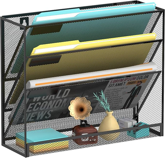 Wall File Organizer Mesh Office Mail Holder, Hanging Wall Organizer Magazine Rack for Office Black, 4 Tier