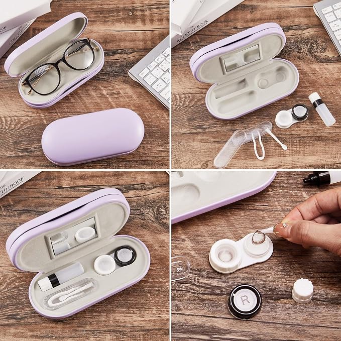 Muf 2 in 1 Contact Lens Case and Glasses Case, Double Sided Design with Mirror, Portable Travel Kit with Tweezer, Remover and Solution Bottle, Purple
