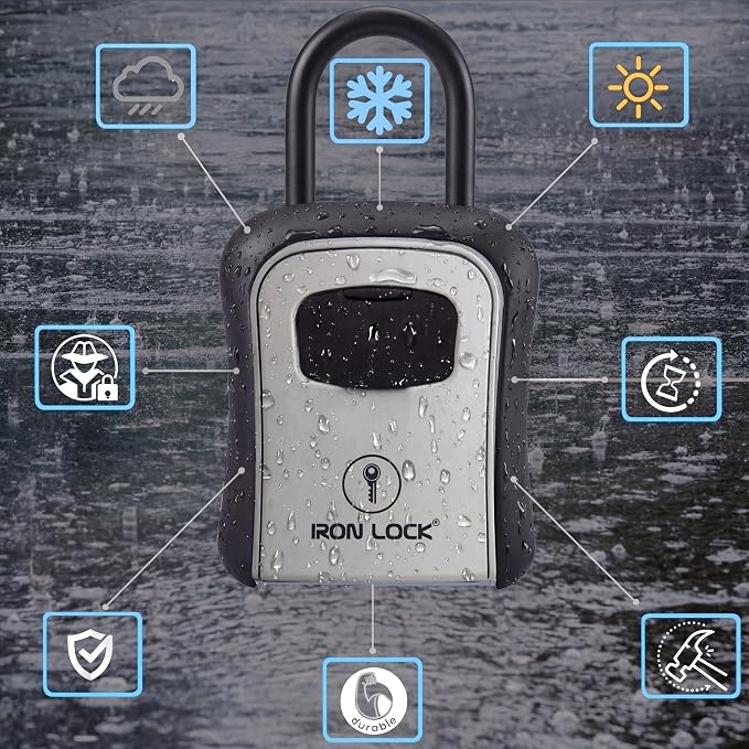 Iron Lock® Medium Key Lock Box with Code, U-Shackle Opens Fully Out (Grey) | Built-in key hooks + catch tray; hangs on handles, gates, fences or a hasp; wall-mountable; dial cover; no batteries