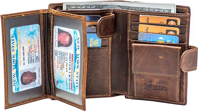 POKOFO Large RFID Genuine Leather Card Holder Trifold Wallet Snap Closure 3 ID Windows for men