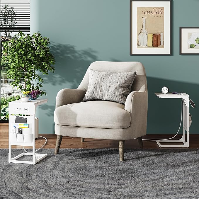 TUTOTAK C Shaped End Table with Charging Station, Side Table for Sofa | Couch Table with Storage Bag, TV Tray with 2 USB Ports and Outlets, Living Room and Bedroom, White TB01BW024