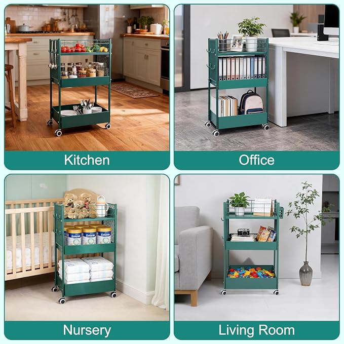 3 Tier Rolling Storage Cart Metal Utility Cart with Wheels | Office Organizer with Hooks & Hanging Cups, Mobile Shelving Unit for Kitchen Nursery Craft Snack Book