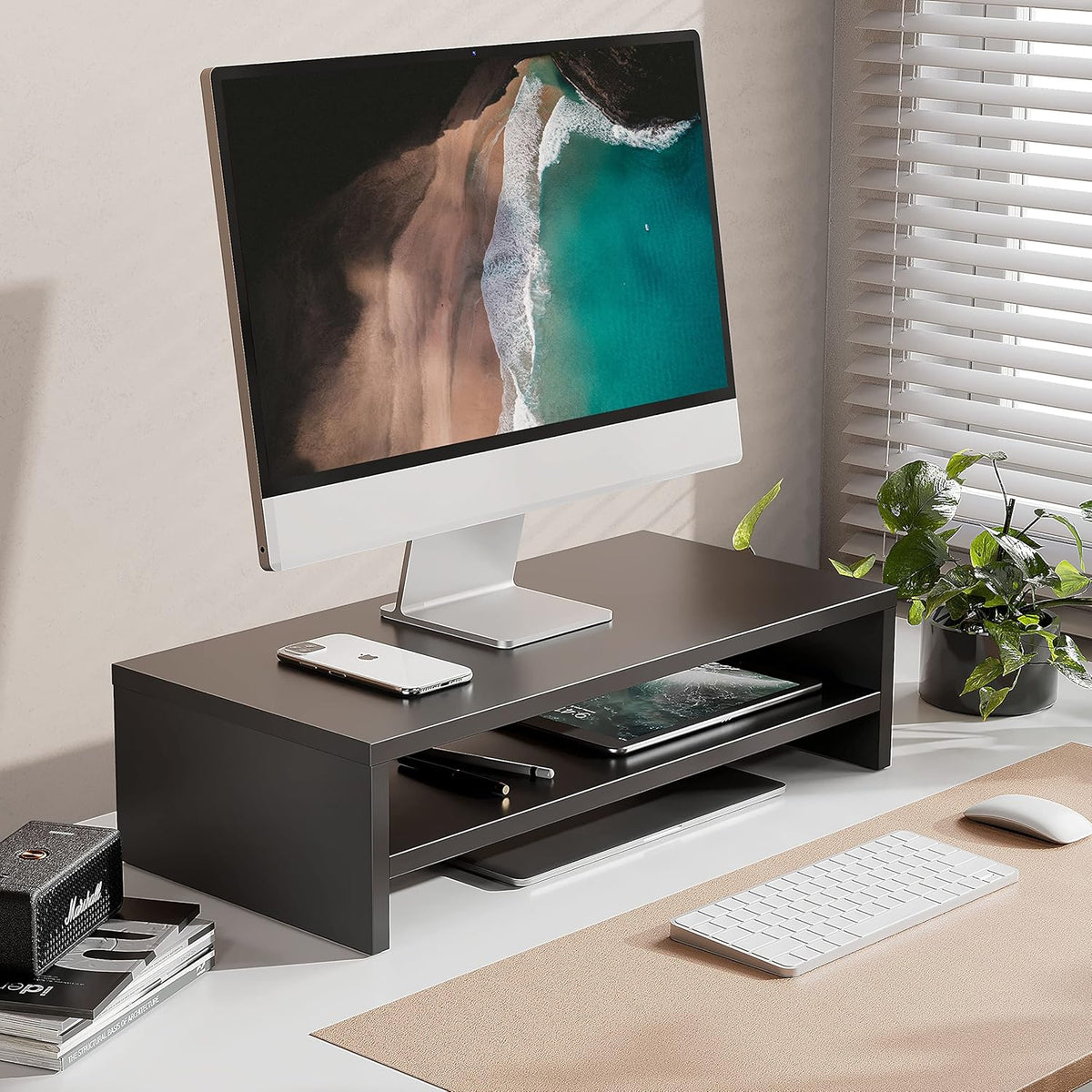 FITUEYES Monitor Stand - 2 Tier Computer Monitor Riser with 21.3 Inch Shelf, Wood Desktop Stand for Laptop Computer Screen, Desk Organization, Office Supplies