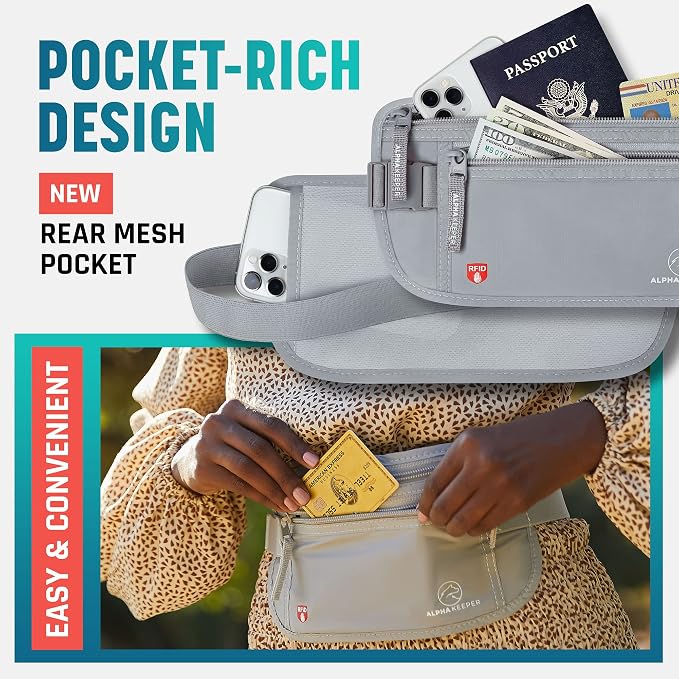 Alpha Keeper Money Belt for Travel Hidden Under Clothes – RFID Blocking Passport Holder & Slim Waist Wallet Pouch for Women & Men, Anti-Theft Travel Accessories